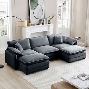 Divano Modulare a U Oversize a 3 Posti con Pouf Convertibili in Tessuto Corduroy Grigio, 2 Poggiapiedi, Comodo per il Soggiorno - Product Image 1