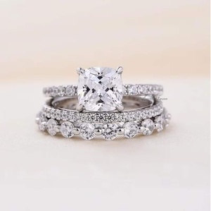 Cushion Cut Moissanite Engagement <b>Ring</b> 3pcs <b>Set</b> Bridal <b>Ring</b> <b>Set</b> Cushion Cut Moissanite <b>Ring</b> White <b>Silver</b> Wedding <b>Ring</b> <b>Set</b> - Product Image 1