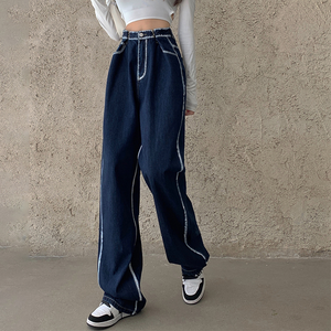 Pantalones Vaqueros de Mezclilla Azul Oscuro de Cintura Media, Corte Recto, Talla Grande, Ajuste Regular, Largos, Casuales, para Mujer, Resistentes al Viento y Transpirables - Product Image 6