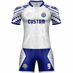 Conjunto de Camiseta de Rugby Personalizada para Hombre, Blanca y Azul con Estampado Geométrico, Sublimación, Secado Rápido, Tejido de Poliéster, Estilo Deportivo de Verano - Product Image 2