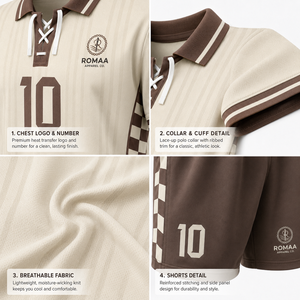 ชุดยูนิฟอร์มสีครีมน้ำตาล เสื้อโปโลลูกไม้ กางเกงขาสั้นลายทาง ชุดทีมเรโทร สำหรับผู้ชาย ทุกฤดูกาล ชุดเสื้อฟุตบอล - Product Image 4