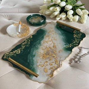 Plateau décoratif en verre abstrait, forme irrégulière, design moderne, technique de revêtement, motif vert et or, emballage en une seule pièce - Product Image 6