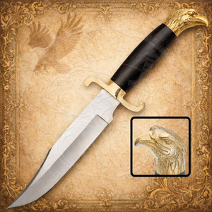 Couteau de chasse d'extérieur durable fait main en acier J2, type Bowie, avec bord partiellement dentelé, manche en laiton motif aigle et garde en laiton - Product Image 1