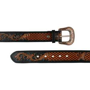 Ceinture en cuir de vachette marron Western avec boucle argentée à motif géométrique W-208 BRN - Product Image 2