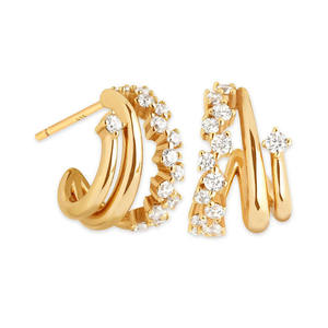 Boucles d'oreilles créoles Huggie à triple rangée en or massif 14K avec diamants de laboratoire pour femme, créoles superposées, boucles d'oreilles délicates multi-bandes style Crawler - Product Image 1