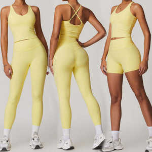 Ensemble de vêtements de sport trois pièces pour femmes, noir, extensible, haut court, débardeur et leggings, tenue de fitness décontractée pour femmes, coupe ajustée - Product Image 4