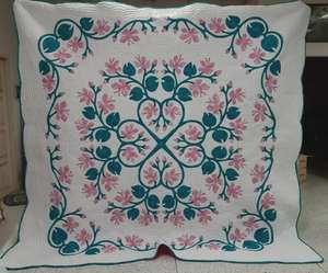 Pink Teal Garden Vine Hawaiian Applique <b>Quilt</b> Hand Quilted Cotton Bedspread Custom <b>Bedding</b> For Queen King And California King - Product Image 2