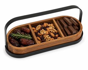 Plateau de service en bois à 3 compartiments avec poignée en métal pour les collations, les fruits secs, les noix, les apéritifs, le fromage et la présentation des aliments sur la table - Product Image 5
