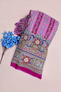 Natural Crepe Rani Pink Floral Stripe Placement PrintFabric With Ornamental Border For Kurti Dress Material Designer Ethnic Wear - Product Image 6