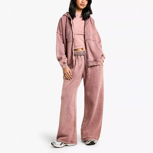 OEM ODM Women Acid Wash Comfortable Hoodie & Sweatpants Tracksuit Casual Athletic Streetwear Oversized <b>Zip</b> <b>Up</b> Tracksuits - Product Image 1