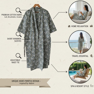 ชุดคลุมกิโมโนผ้าฝ้ายลายดอกพิมพ์ลายด้วยมือ คอวี แขนยาว มีเชือกผูกและกระเป๋า ชุดนอนลำลองสำหรับผู้หญิง แบรนด์ Maria G - Product Image 6