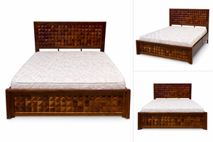 Solid Wood <b>Bed</b> <b>Frame</b> Wooden Bedroom <b>Bed</b> Geometric Carved Panel Bedstead for Home Hotel - Product Image 2