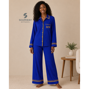Sigma Gamma Rho Women's Striped Pajama Set Button Front Long Sleeve Sleepwear Contrast Trim Lounge <b>PJs</b> With Drawstring Pants - Product Image 6