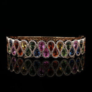 Bracelet de créateur en or 18 carats avec diamants naturels de luxe et saphirs taille brillant pour femme - Mariage/Anniversaire - B00628 Diamants - Product Image 1