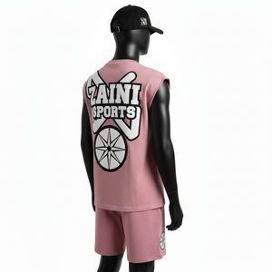 Ensemble short et t-shirt sans manches pour homme, coton jersey respirant, rose, avec logo personnalisé. - Product Image 5