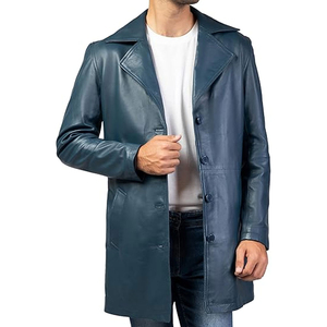<b>Men's</b> Genuine Leather <b>Long</b> Trench <b>Coat</b> Notched Lapel Single Breasted Regular Sleeve Outerwear - Product Image 5
