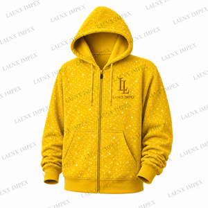 เสื้อฮู้ดซิปพิมพ์ลายดาวสีเหลืองสำหรับผู้ชาย, เสื้อฮู้ดสไตล์ประดับเพชรแบบสั่งทำ, เสื้อฮู้ดแฟชั่นสตรีทแวร์แบบซิปเต็มตัว - Product Image 2