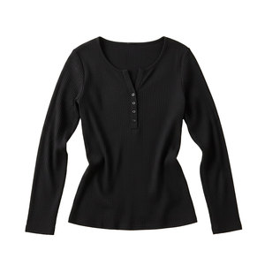 Women's Ribbed Henley Long Sleeve <b>Top</b> Snap Button Notch Neck Slim Fit Stretch Knit Custom OEM Wholesale Factory Price - Product Image 4