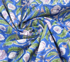 Blue Floral Hand Block Printed Cotton Fabric | Soft Breathable Indian Cotton Yardage for Dresses <b>Curtains</b> Sleepwear many more. - Product Image 3