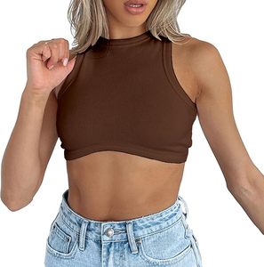 Débardeurs courts côtelés en maille sans manches à col rond pour femmes, avec logo personnalisé OEM, 95% coton, 5% élasthanne, 220 GSM - Product Image 4