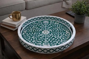 Mother Of Pearl Round Serving <b>Tray</b> Mosaic Inlay Pattern Raised Rim And <b>Side</b> Handles For Dining <b>Table</b> Home With Floral Sunburst - Product Image 4
