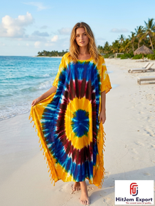 Vestido Kaftán Tie Dye para Mujer, Cuello Redondo, Holgado, Largo hasta el Suelo, Manga Corta, Estilo Bohemio, para Playa, Verano, con Borlas, Chifón, 100% Poliéster, OEM, ODM - Product Image 4