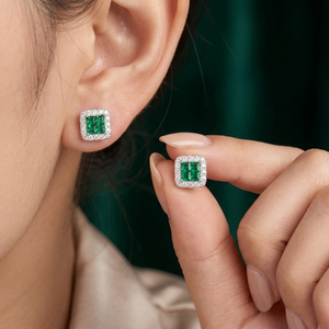 Trendy 18K White Gold Square Shape Princess Cut <b>Emerald</b> Earrings Diamond <b>Stud</b> Custom Design For Milestone Birthday - Product Image 2