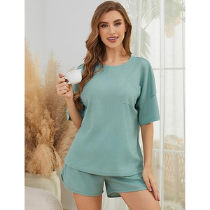 Conjunto de Shorts Casuales de Punto Waffle para Mujer, Camiseta Holgada, Ropa de Verano - Product Image 4