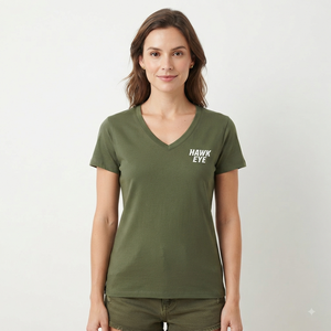 Camiseta de Manga Corta con Cuello en V para Mujer, Color Verde Oliva, Corte Regular, Tejido de Punto, Informal, para Todas las Temporadas, Color Sólido - Product Image 1