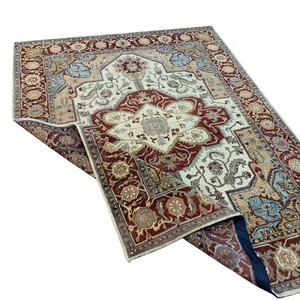 Tapis persan traditionnel tufté à la main, motif médaillon Heriz, rouge terre cuite, crème, bleu ciel, à poils ras, tapis oriental vintage - Product Image 4