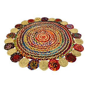Handgefertigter Boho Patchwork Dünner Runder Jute Chindi Teppich mit Geflochtener Spirale und Gewelltem Rand für Zuhause, Fleckenreinigbar - Product Image 2