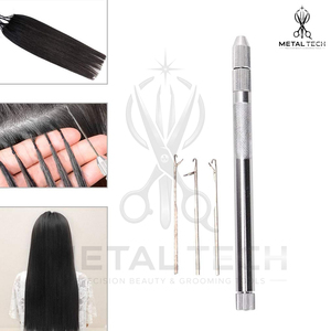 Silver Metal Hair Extension Pulling <b>Needle</b> Latch Hook Loop <b>Threader</b> Set With 3 Replaceable Tips Salon Micro Bead Installation - Product Image 6