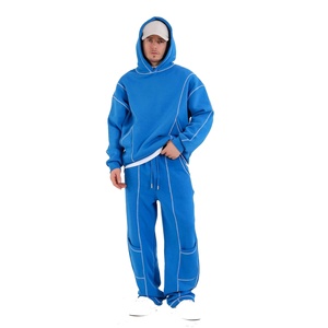 Streetwear Men Sweatsuits Boxy Cropped <b>Hoodies</b> and Sweat Pants Set 380g 100%Cotton Windproof <b>Running</b> Joggers Tracksuit - Product Image 1
