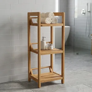 Étagère de rangement à 3 niveaux en bois de manguier, design minimaliste, organisateur gain de place pour salle de bain, cuisine, salon, porte-serviettes en bois - Product Image 1