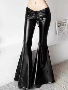 New Personality Drawstring Folding Bow PU Leather Flare Pants Europe And The United States Sexy Low Slim Fit Stretchable - Product Image 5