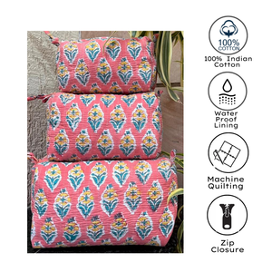 Premium Jaipur Hand Block Toiletry Bag Set of 3 Quilted Zip Closure Sustainable Durable <b>for</b> <b>Men</b> Women Daily Use Gifting Travel - Product Image 2