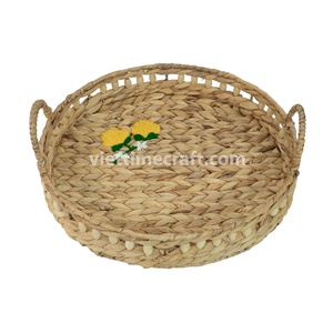 Bandeja redonda de jacinto de agua bordada con asas de cuentas, bandeja de servicio tejida a mano y bandeja de almacenamiento de Vietnam - Product Image 5