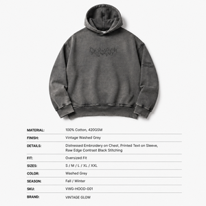 OEM Custom Washed Grey <b>Oversized</b> <b>Hoodie</b> Heavyweight Pullover with Raw Edge Black <b>Stitching</b> Distressed Embroidery - Product Image 6