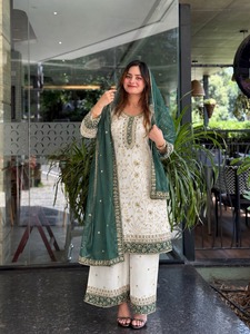 Designer Embroidery Sequence Work Faux Georgette <b>Top</b> With Plazzo Bottom And Dupatta Fully Stitched Ready To Wear Set - Product Image 1