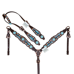 Ensemble de têtière et de collier de poitrail en cuir western avec concho fleur turquoise, tressage en cuir brut et incrustation imprimé serpent - Product Image 1
