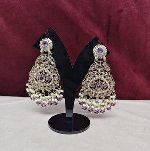 Traditional Antique Bronze Plated Brass Flower Design Diamond & <b>Red</b> Gemstone Chandelier <b>Earrings</b> with Imitation Pearl Beads - Product Image 4