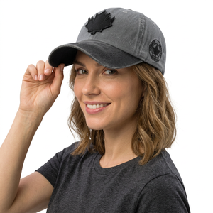 Adjustable Gray <b>Vintage</b> Sporty Baseball <b>Cap</b> with Black Maple Leaf Applique Front Panel Unisex Casual Denim 6-Panel Design - Product Image 3