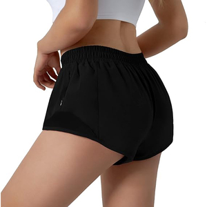 Shorts de sport pour femmes noires, taille haute, en polyester, avec poche latérale zippée, cordon de serrage dissimulé, respirants, pour yoga - Product Image 3