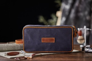 Double Zipper Leather Canvas Toiletry Bag Custom Logo Waterproof Travel Shaving Dopp Kit Cosmetic Organizer <b>Case</b> LCTB-0044E - Product Image 2