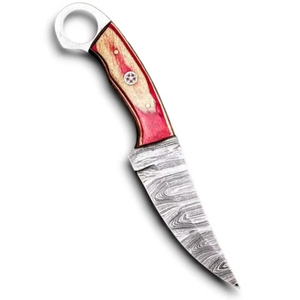 มีดแค้มปิ้งเหล็กดามัสกัส ฟูลแทงค์ ตีขึ้นรูปด้วยมือ ปลายหยดน้ำ ใบมีดคงที่ ด้ามไม้ปักก้า รับผลิตแบบ OEM/ODM ขายส่ง ราคาดีที่สุด - Product Image 1