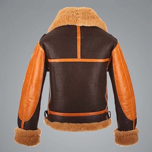 Veste en cuir bicolore pour homme, orange et marron, manteau d'hiver en peau de mouton véritable, doublure en polaire chaude, style aviateur - Product Image 2
