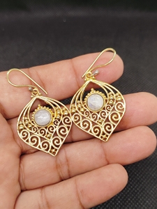 Moonstone Export Brass Gemstone Drop Earrings Bulk Handcrafted Gold Plated Finish Moonstone Pattern Bezel - Product Image 2