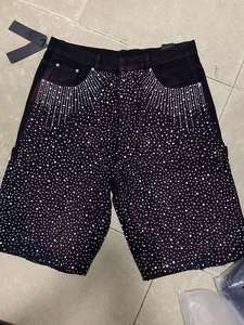 High Street Full Rhinestone Gradient Denim Shorts Ink Wash Diamond Studded Seven Inch Denim Shorts - Product Image 4