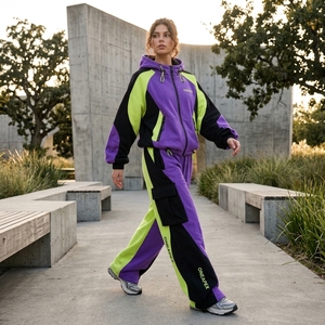 <b>Women's</b> <b>Purple</b> Color Fleece <b>Tracksuit</b> Set Zip Up Jacket Wide Leg Jogger Pants Streetwear Casual Sportswear Custom Apparel - Product Image 2