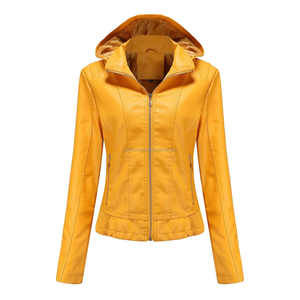 แจ็คเก็ตผู้หญิงหนังสีเหลืองมีฮู้ดพร้อมกระเป๋าซับในเชอร์ปามีซิปสำหรับฤดูหนาวความสะดวกสบายและสไตล์ - Product Image 1